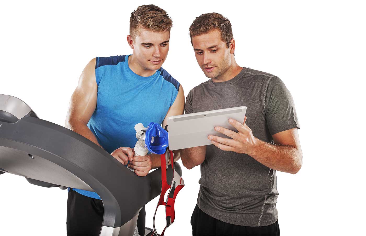 man showing another mean holding a vo2 mask something on a tablet